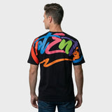 Men’s White Crew Neck T-Shirt with Vibrant Multi-Color Wrap-Around Typography