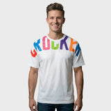 Men’s White Crew Neck T-Shirt with Vibrant Multi-Color Wrap-Around Typography
