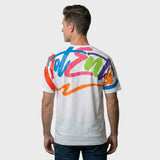 Men’s White Crew Neck T-Shirt with Vibrant Multi-Color Wrap-Around Typography