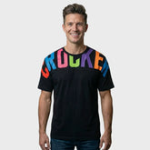 Men’s White Crew Neck T-Shirt with Vibrant Multi-Color Wrap-Around Typography