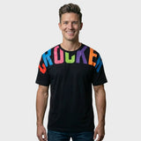 Men’s White Crew Neck T-Shirt with Vibrant Multi-Color Wrap-Around Typography